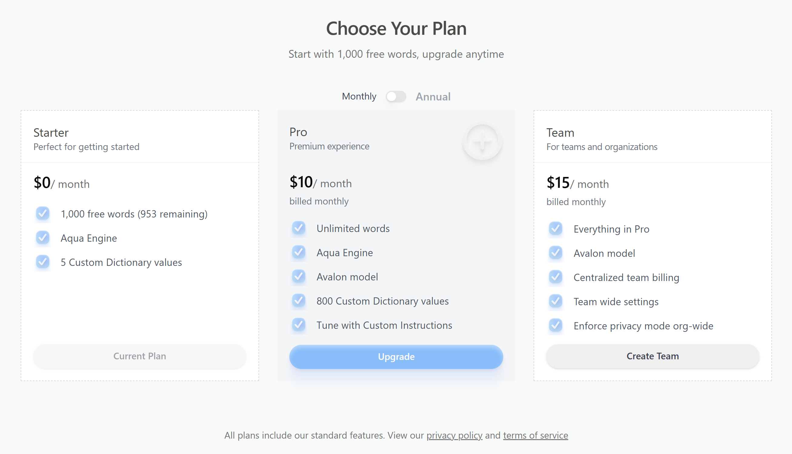 Aqua Voice — Pricing — Starter free, Pro $10/mo, Team $15/mo, Enterprise