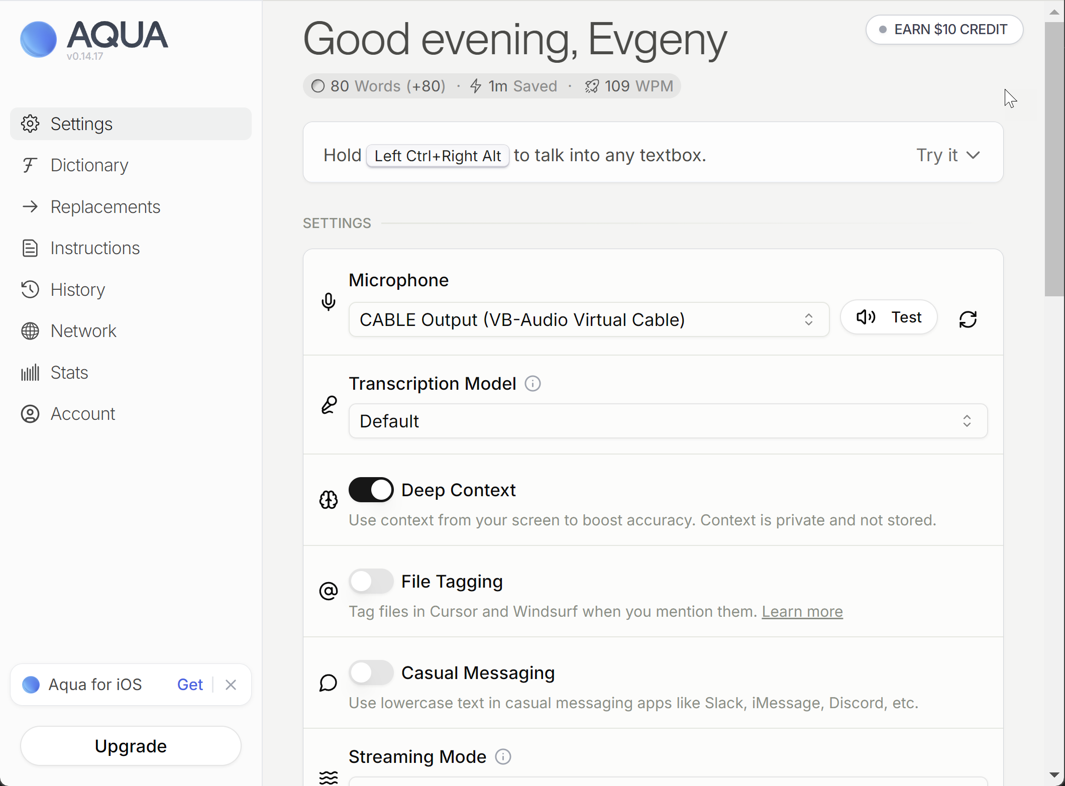 Aqua Voice — Home — microphone, transcription model, Deep Context toggle