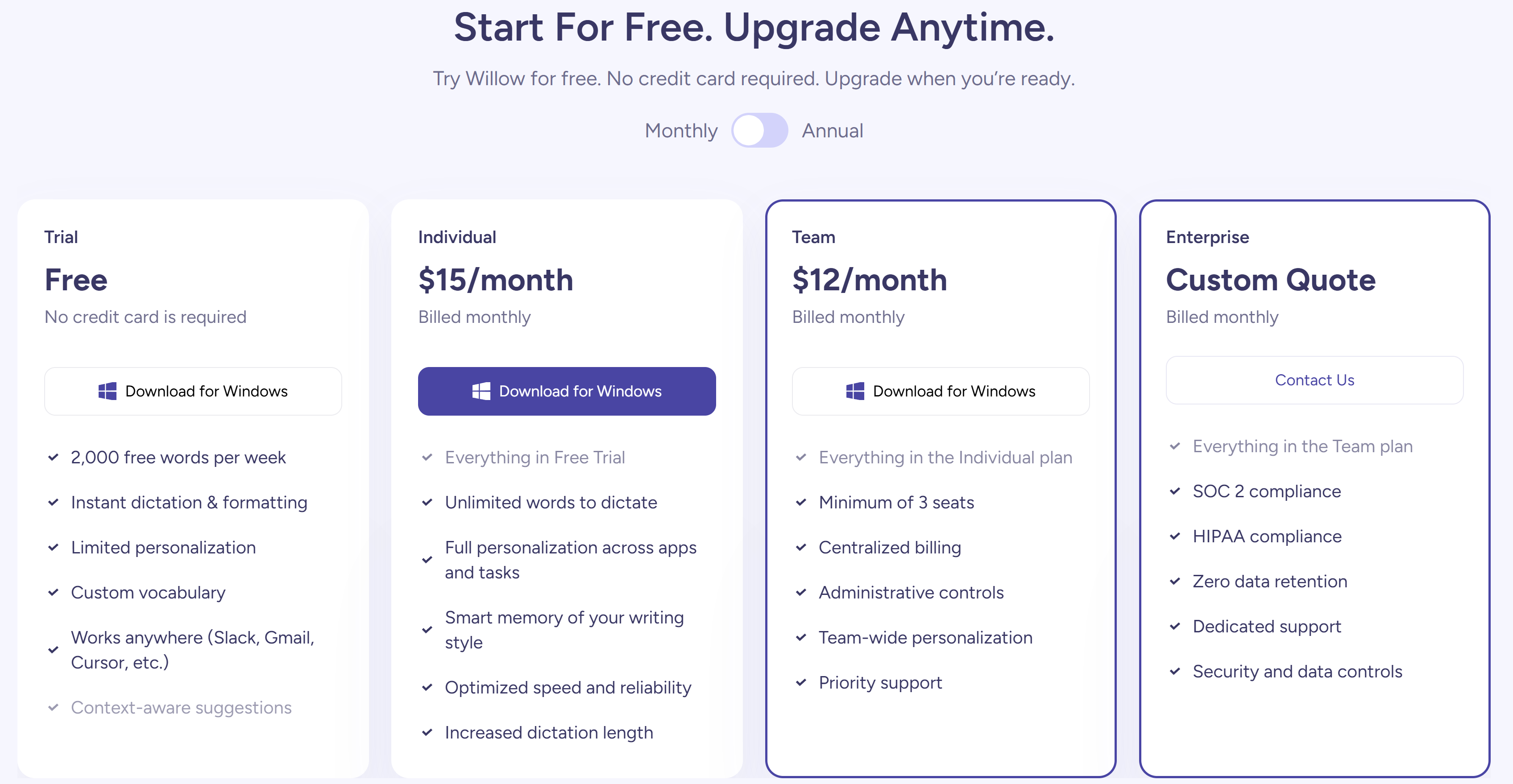 Willow Voice — Pricing — Free trial, Individual $15/mo, Team $12/mo, Enterprise