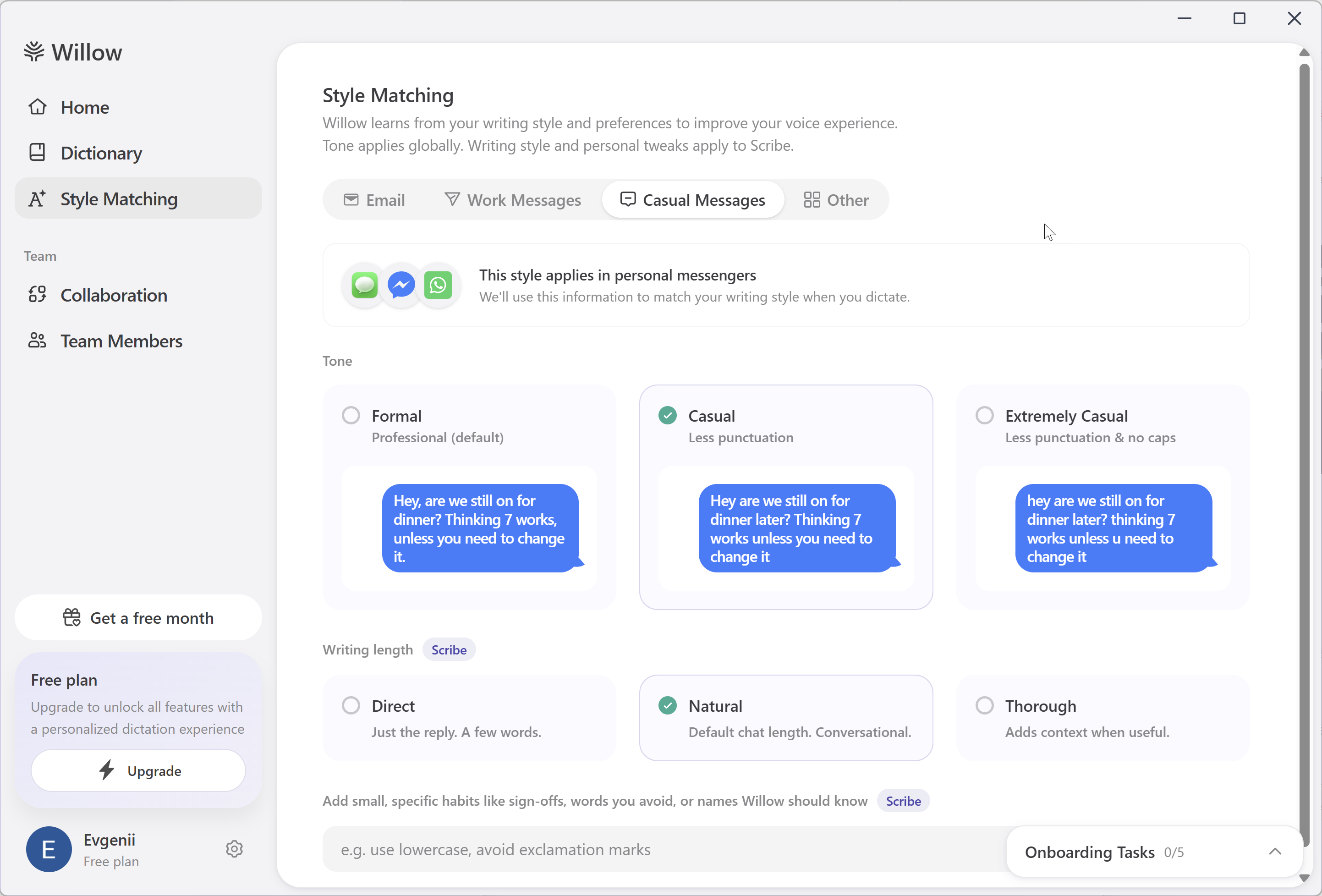 Willow Voice — Style Matching — tone and writing-length settings per context