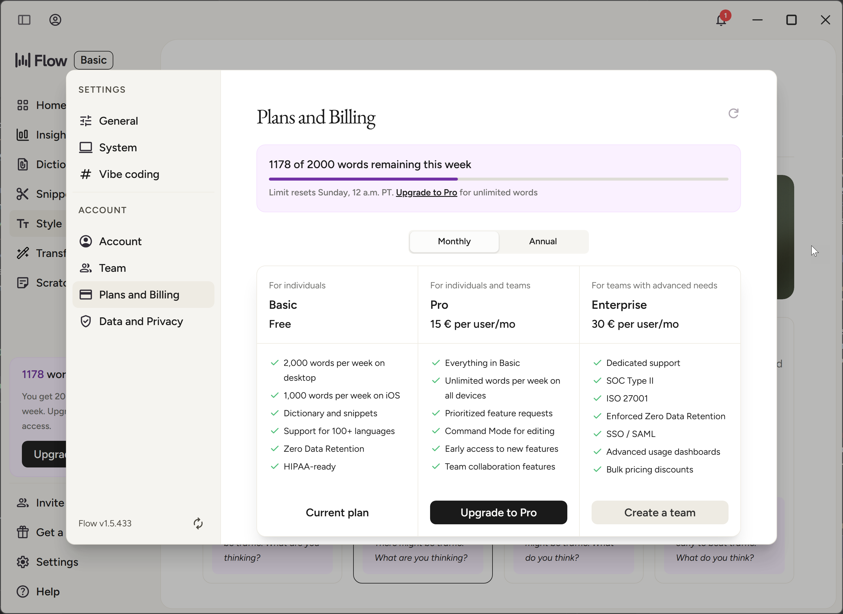 Plans & Billing — Basic free vs Pro $15/mo